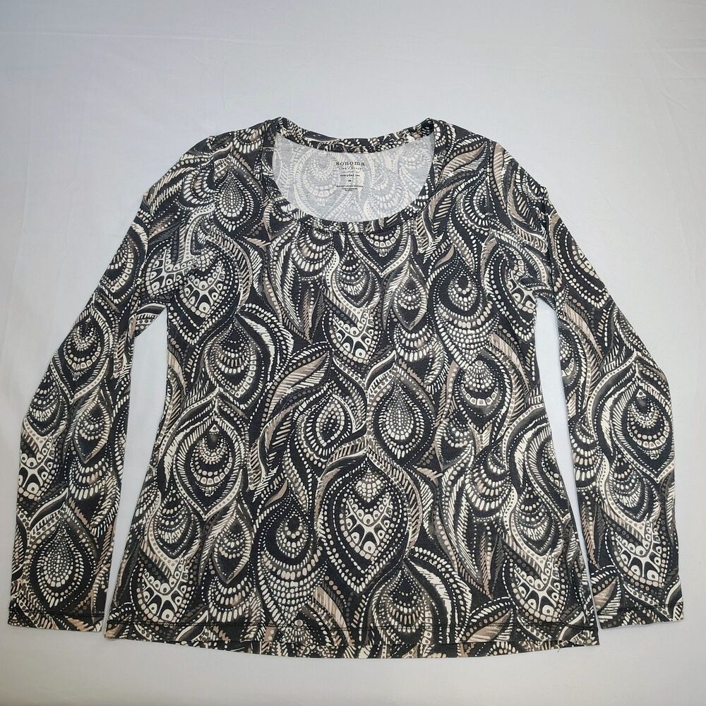 Sonoma Everyday Tee Grey Tan Peacock Feather Pattern Shirt Long Sleeve Sz M